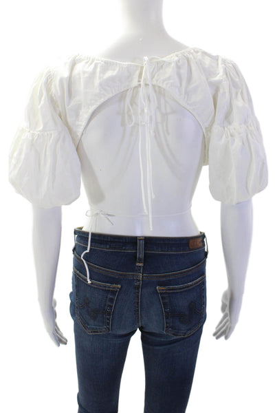 For Love & Lemons Women Cropped White Cotton Blouse Short Sleeve Size S