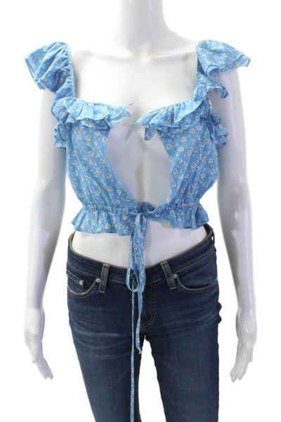 Love Shack Fancy Womens Cropped Sleeveless Floral Cotton Blend Top Blue Size XS