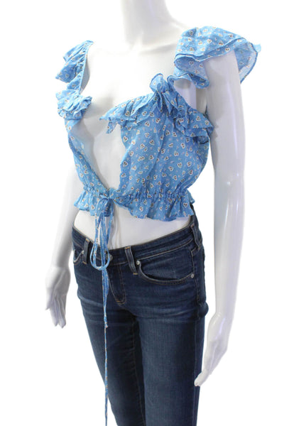 Love Shack Fancy Womens Cropped Sleeveless Floral Cotton Blend Top Blue Size XS