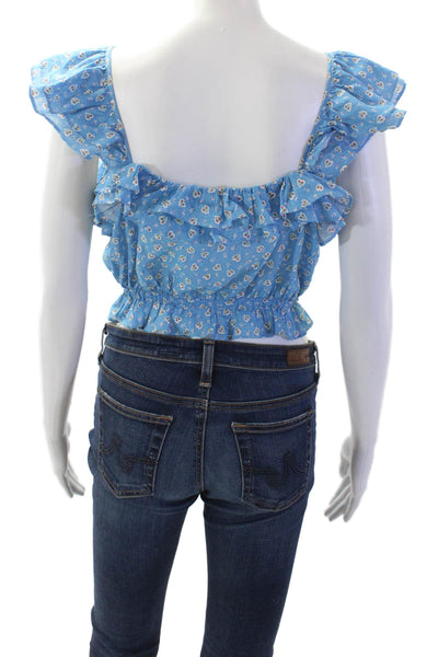 Love Shack Fancy Womens Cropped Sleeveless Floral Cotton Blend Top Blue Size XS