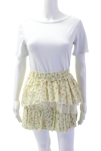 Love Shack Fancy Women's Smocked Ruffle Lined Tiered Floral Mini Skirt Size XS