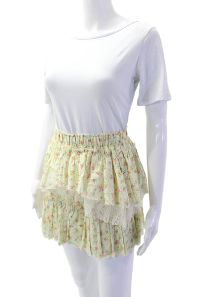Love Shack Fancy Women's Smocked Ruffle Lined Tiered Floral Mini Skirt Size XS