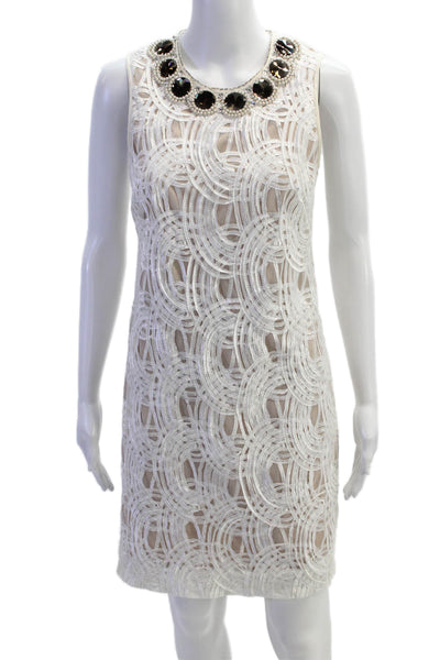 Adrianna Papell Women Beige Shift Dress Knee-Length Geometric Round Neck Size 6