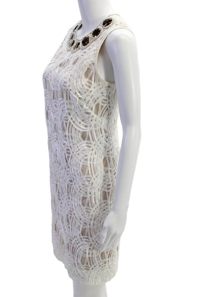 Adrianna Papell Women Beige Shift Dress Knee-Length Geometric Round Neck Size 6