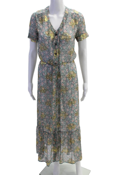 the kooples green dress The Kooples Women Green Floral Maxi Shirt Dress Short Sleeve Size 3
