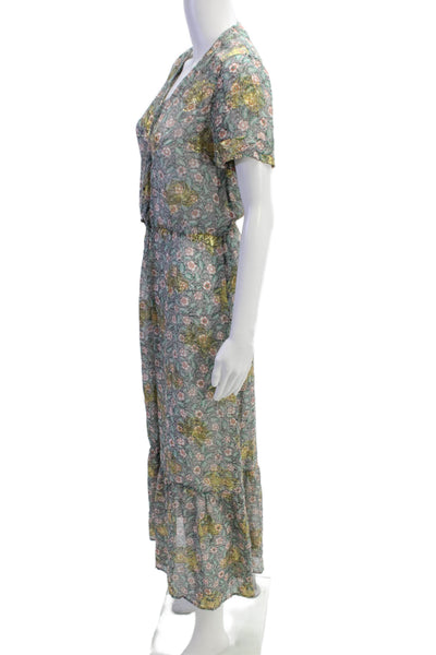 The Kooples Women Green Floral Maxi Shirt Dress Short Sleeve Size 3