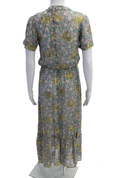 The Kooples Women Green Floral Maxi Shirt Dress Short Sleeve Size 3