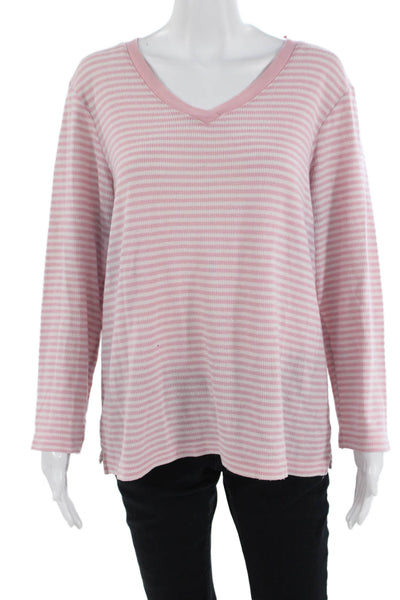 Oscar de la Renta Women Basic Jersey Striped V-Neck T-Shirt Pink Size L