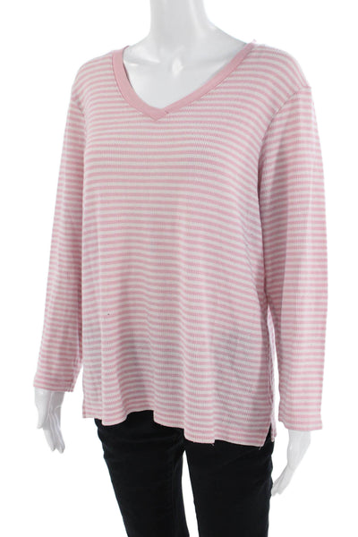 Oscar de la Renta Women Basic Jersey Striped V-Neck T-Shirt Pink Size L