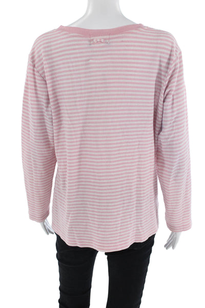 Oscar de la Renta Women Basic Jersey Striped V-Neck T-Shirt Pink Size L