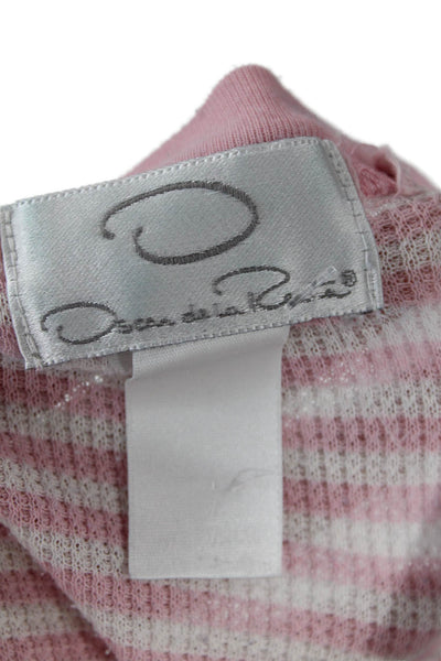 Oscar de la Renta Women Basic Jersey Striped V-Neck T-Shirt Pink Size L
