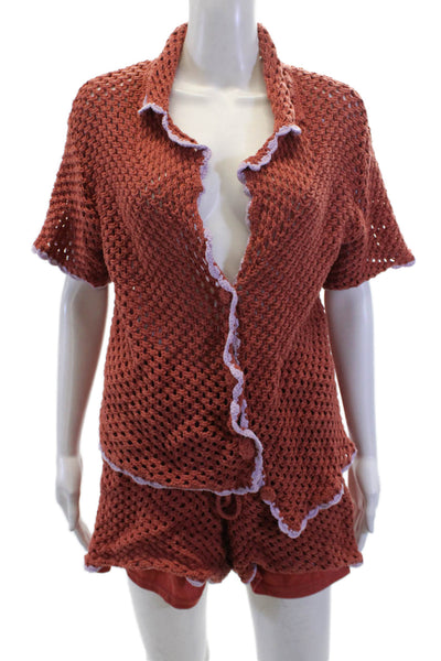 MINKPINK Womens Cotton Open Knit Short Sleeve Top Short Set Brown Size M