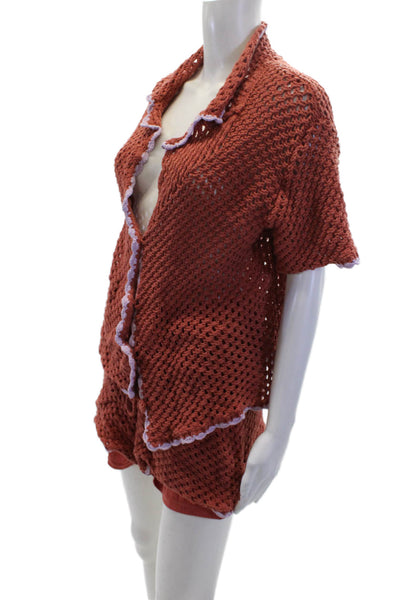 MINKPINK Womens Cotton Open Knit Short Sleeve Top Short Set Brown Size M