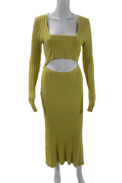 AFRM Women Bodycon Sweater Dress Green Striped Square Neck Long Sleeve Size M