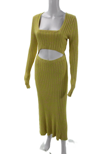AFRM Women Bodycon Sweater Dress Green Striped Square Neck Long Sleeve Size M