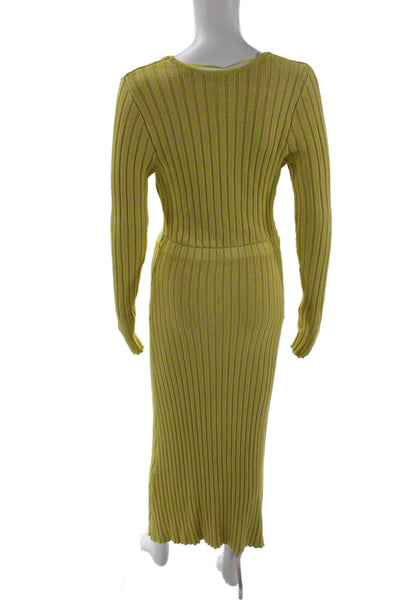 AFRM Women Bodycon Sweater Dress Green Striped Square Neck Long Sleeve Size M