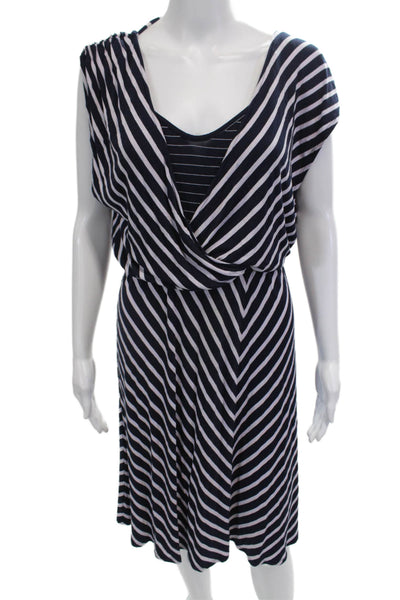 Ella Moss Women Wrap Dress Dark Blue Striped V-Neck Short Size S