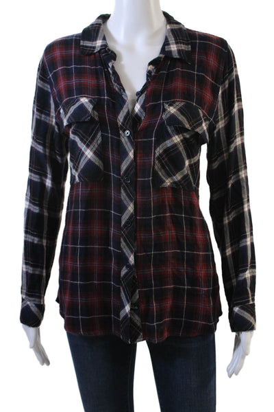Rails Womens Collared Plaid Button-Up Rayon Long Sleeve Dark Blue Petite Size S