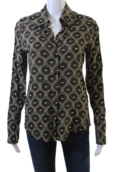 Zara Women Black Geometric Collared Button-Up Blouse Long Sleeve Retro Size S