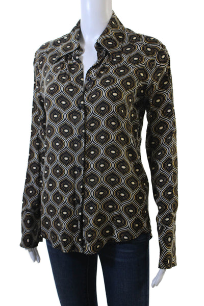 Zara Women Black Geometric Collared Button-Up Blouse Long Sleeve Retro Size S