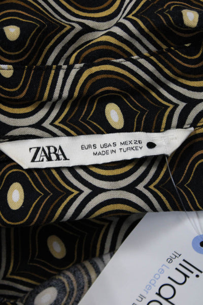 Zara Women Black Geometric Collared Button-Up Blouse Long Sleeve Retro Size S