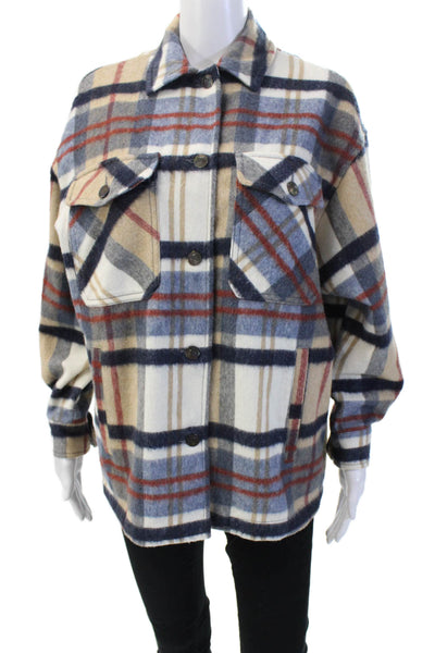Zara Womens Button Front Collared Plaid Shirt Jacket Blue White Brown Size XS