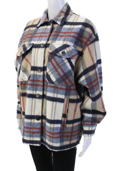 Zara Womens Button Front Collared Plaid Shirt Jacket Blue White Brown Size XS