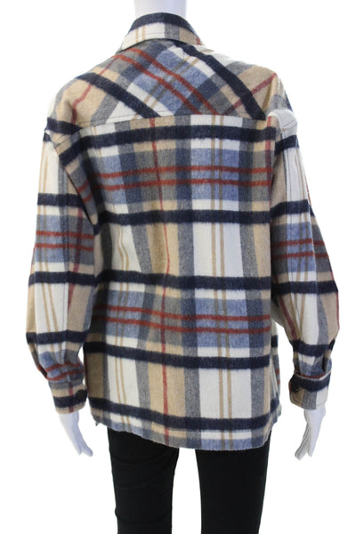 Zara Womens Button Front Collared Plaid Shirt Jacket Blue White Brown Size XS