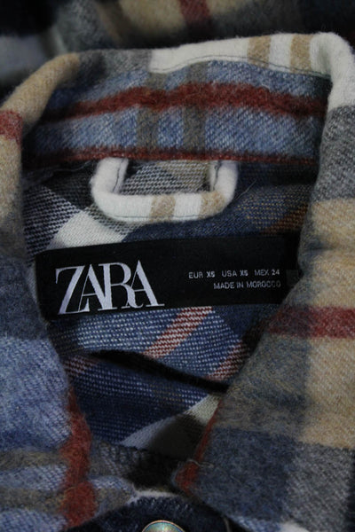 Zara Womens Button Front Collared Plaid Shirt Jacket Blue White Brown Size XS