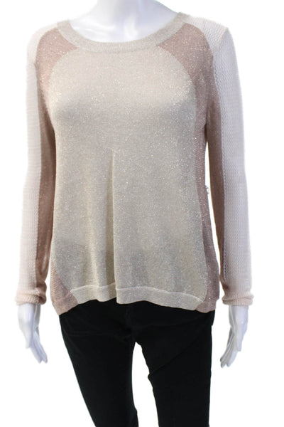 ATKO Womens Long Sleeve Back Slit Open Metallic Knit Sweater Brown White Size XS