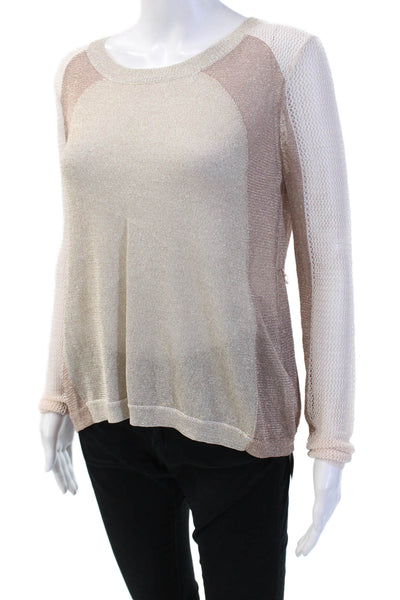 ATKO Womens Long Sleeve Back Slit Open Metallic Knit Sweater Brown White Size XS