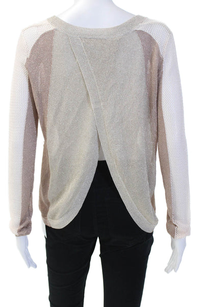ATKO Womens Long Sleeve Back Slit Open Metallic Knit Sweater Brown White Size XS