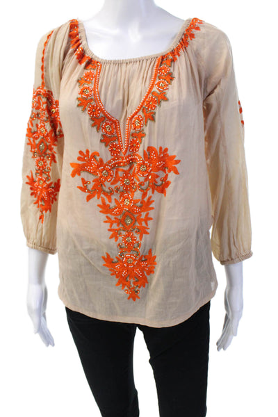 Taj By Sabrina Grippa Women Tunic Blouse Beige Floral 3/4 Sleeve Size XS