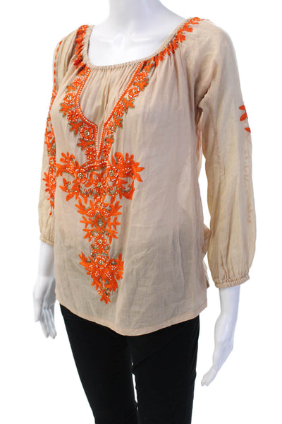 Taj By Sabrina Grippa Women Tunic Blouse Beige Floral 3/4 Sleeve Size XS