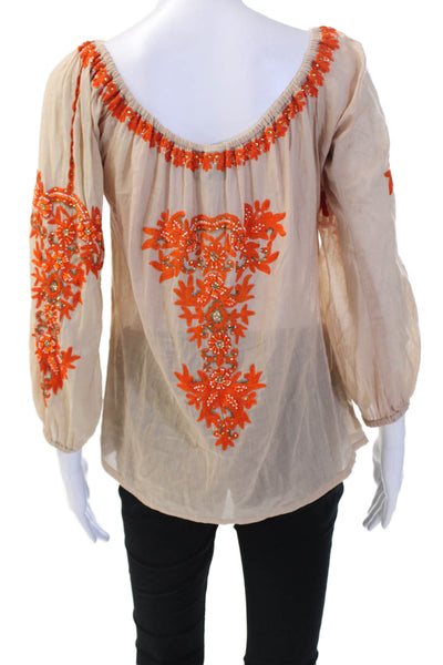 Taj By Sabrina Grippa Women Tunic Blouse Beige Floral 3/4 Sleeve Size XS
