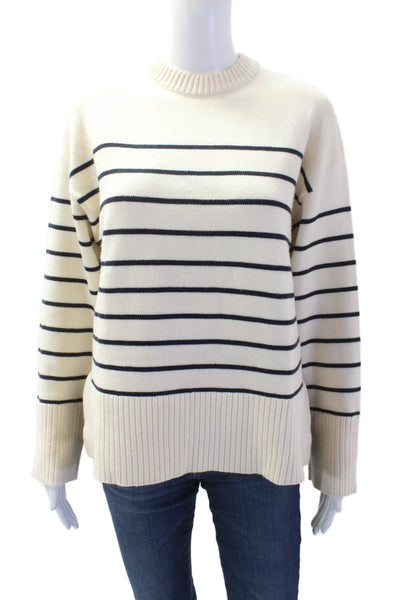 Zara Womens Striped Crew Neck Long Sleeve Pullover Sweater Top Beige Size XS
