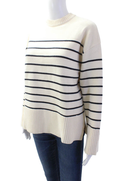 Zara Womens Striped Crew Neck Long Sleeve Pullover Sweater Top Beige Size XS