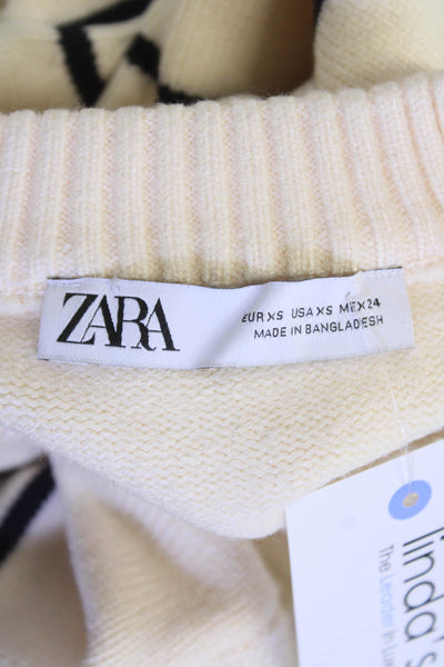 Zara Womens Striped Crew Neck Long Sleeve Pullover Sweater Top Beige Size XS