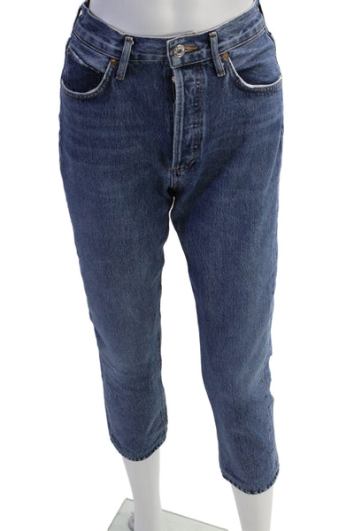Agolde Womens Cropped Mom Jeans Dark Blue Button Size 25