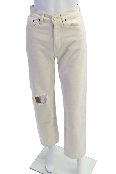 Still Here Women Mom Boyfriend Jeans Beige Mid Rise Button 100% Cotton Size 24