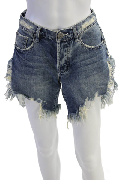 One Teaspoon Womens Cotton Zip Button Distress Denim Shorts Blue Size EUR 22