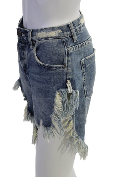 One Teaspoon Womens Cotton Zip Button Distress Denim Shorts Blue Size EUR 22
