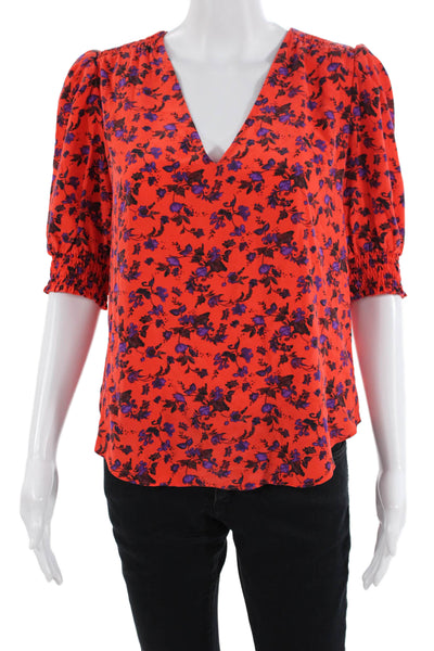Joie Women Red Silk V-Neck Floral Short Sleeve Blouse Size S