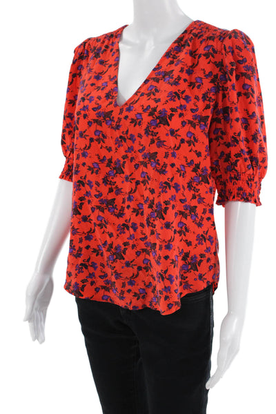 Joie Women Red Silk V-Neck Floral Short Sleeve Blouse Size S