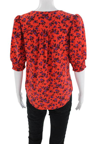 Joie Women Red Silk V-Neck Floral Short Sleeve Blouse Size S