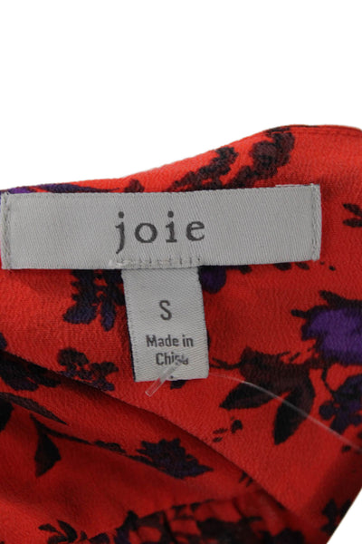 Joie Women Red Silk V-Neck Floral Short Sleeve Blouse Size S