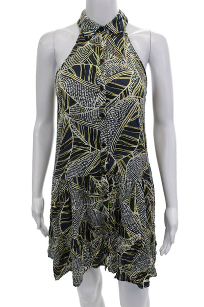 Lavender Brown Women Dark Blue Geometric Shirt Dress Sleeveless Rayon Size XS