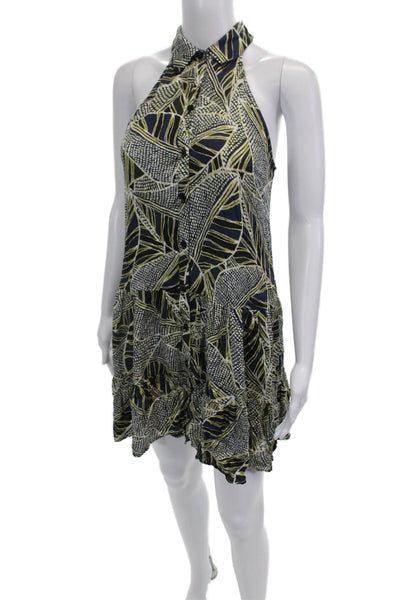Lavender Brown Women Dark Blue Geometric Shirt Dress Sleeveless Rayon Size XS