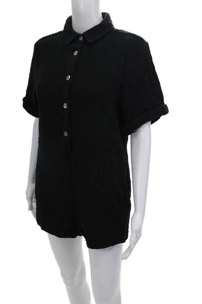 Zara Women Black Cotton Short Sleeve Collared Jumpsuit Solid Size XS