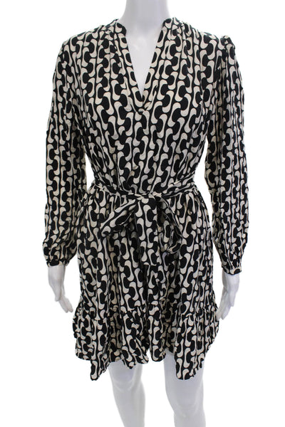 Zara Women Wrap Dress Black Long Sleeve Geometric V-Neck Size XS